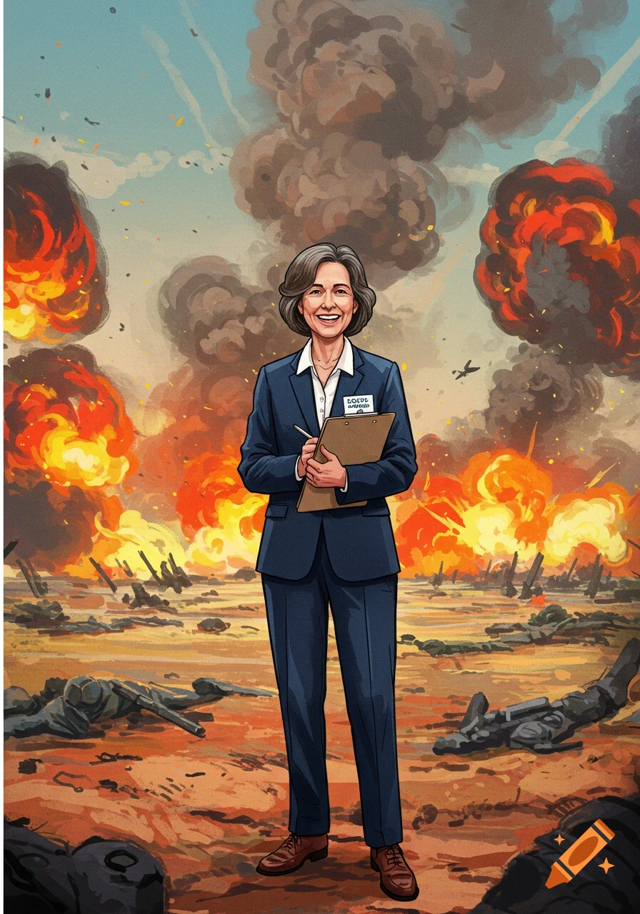 Illustration of a smiling woman in a suit standing in a stylized battlefield with explosions.