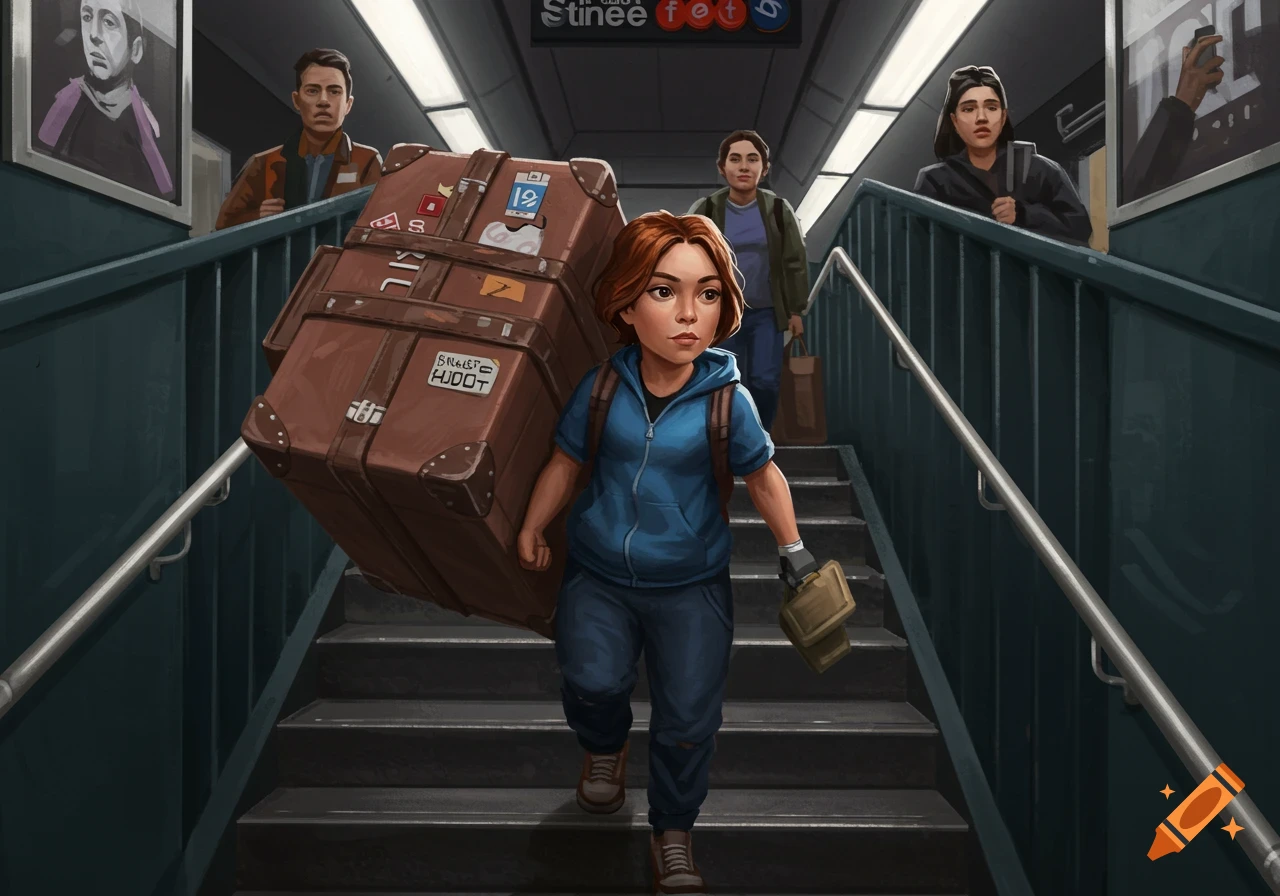 Illustration of a person carrying a large suitcase up subway stairs, with others behind them.