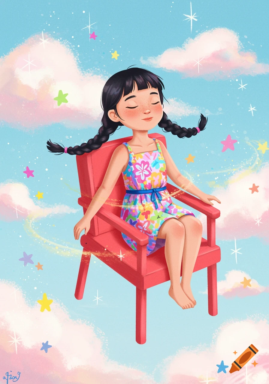 Illustration of a girl with braids floating in a red chair in the sky with clouds and stars.