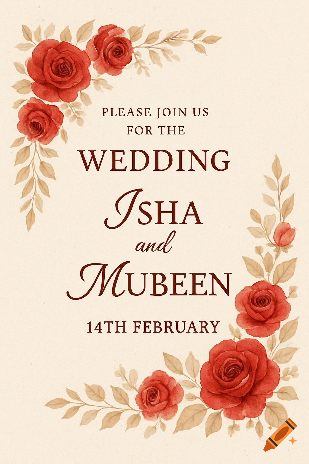 Watercolor wedding invitation with red roses and text.