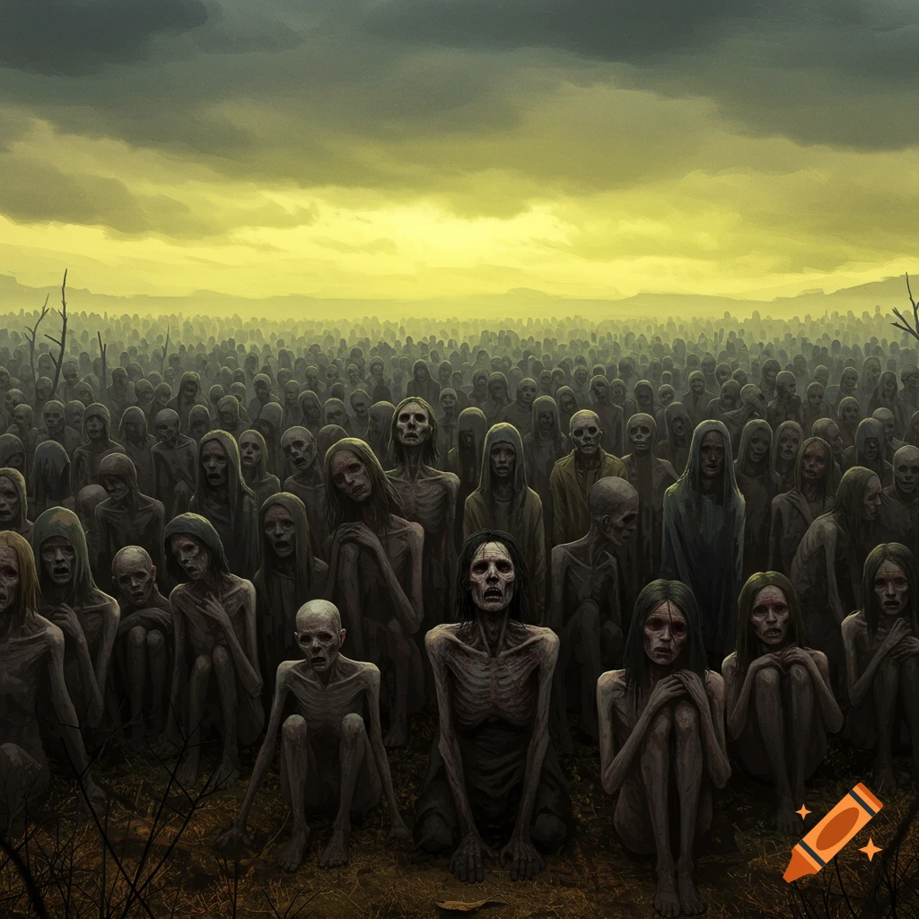 A vast crowd of gaunt, skeletal figures under a stormy yellow sky.