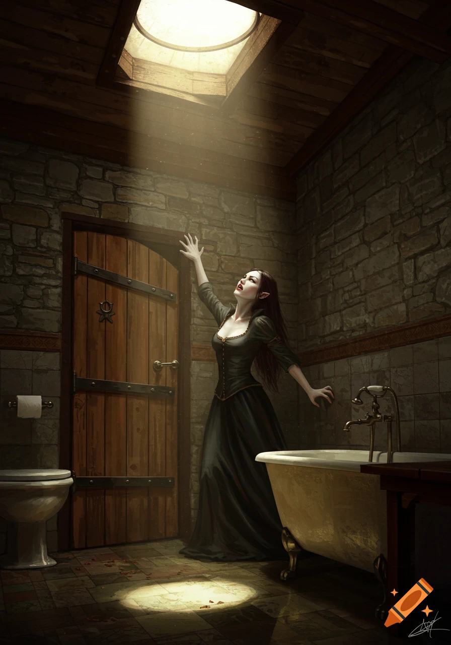 A female vampire in a black dress reaches towards sunlight from a skylight in a medieval bathroom.
