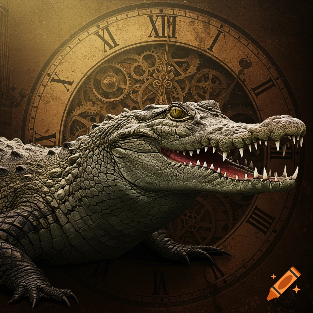 A close-up of a crocodile with its mouth open in front of a vintage clock face with gears.