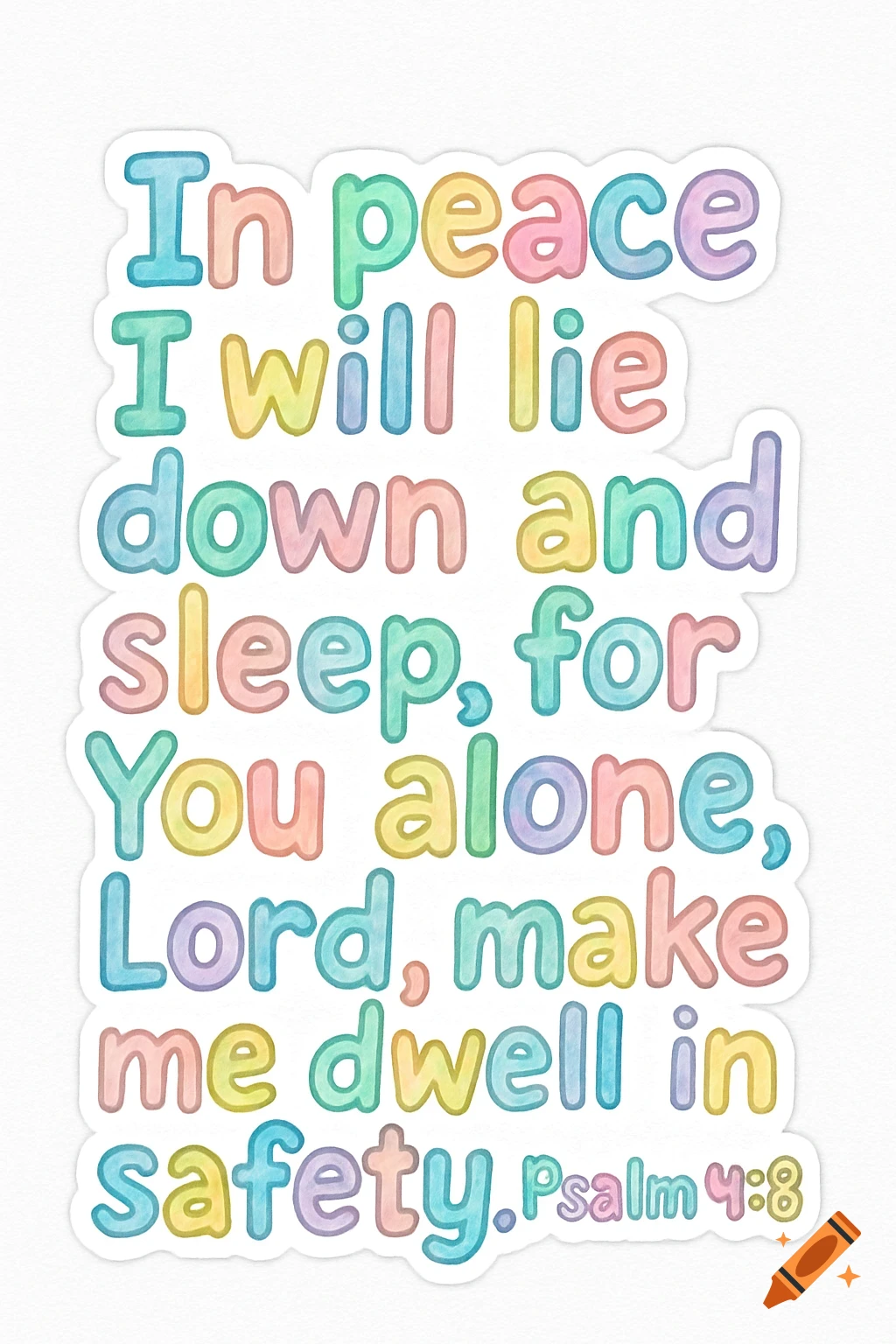 Pastel rainbow text of a bible verse in a watercolor style, cut out like a sticker.
