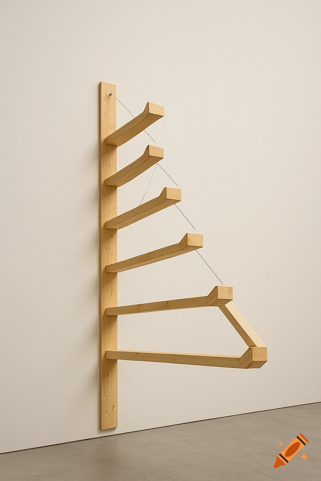 A wooden rack with angled arms supported by wires on a white wall.