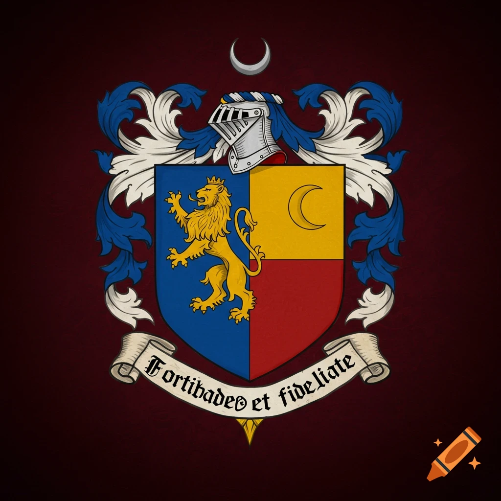 A coat of arms featuring a shield with a gold lion on blue and a crescent moon on gold, topped by a helmet, with a banner below.