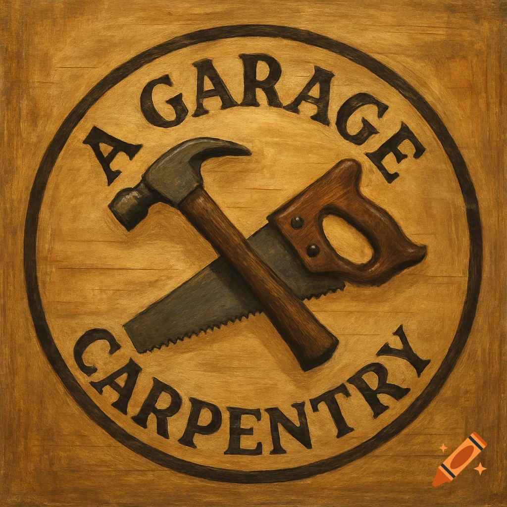 A circular logo painted on wood featuring a crossed hammer and saw and the words 'A GARAGE CARPENTRY'