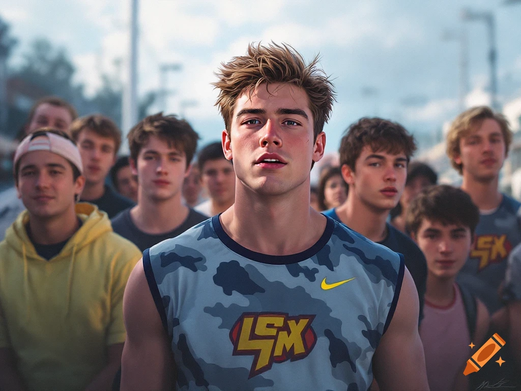 A young man in a grey camouflage tank top with a logo stands in front of a crowd of young men.