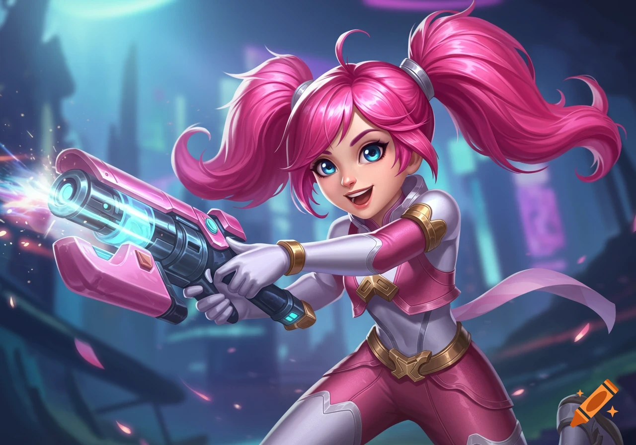 Young girl with pink pigtails in sci-fi outfit firing a laser gun in a city.