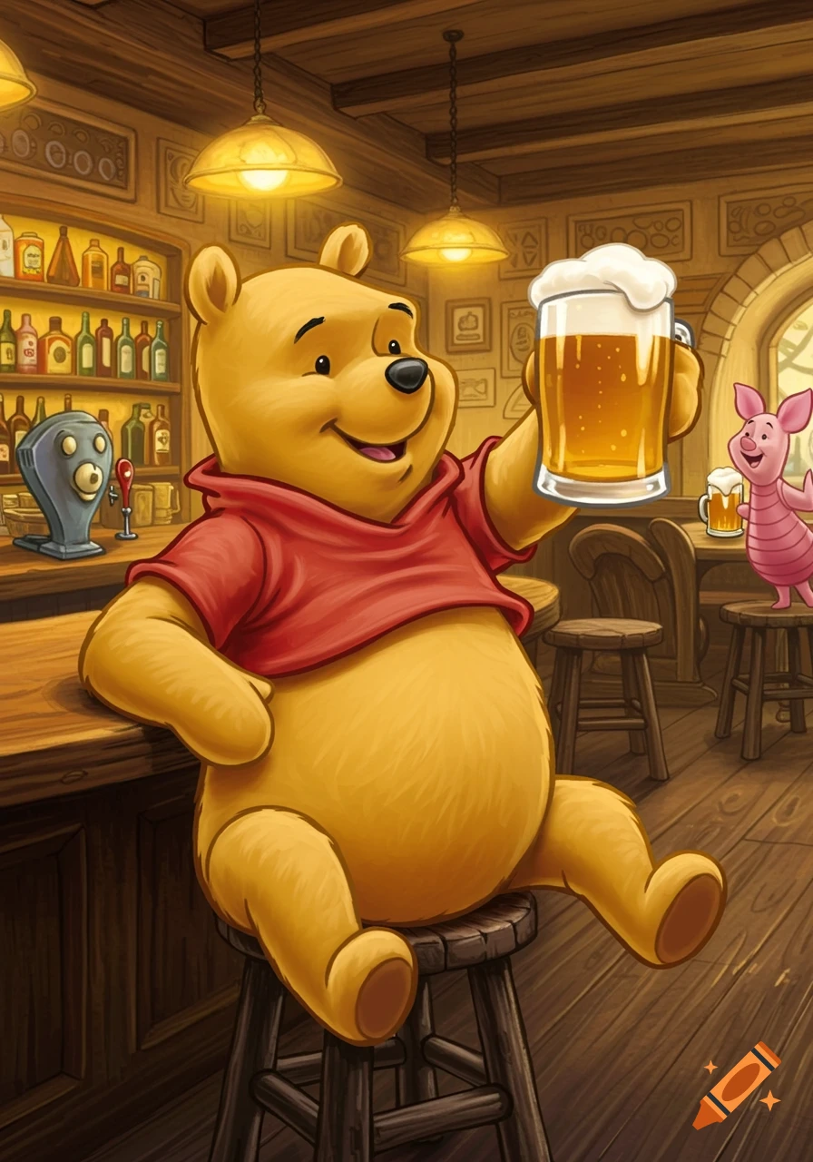 Winnie the Pooh and Piglet sit at a bar, holding mugs of beer. Illustrated style.