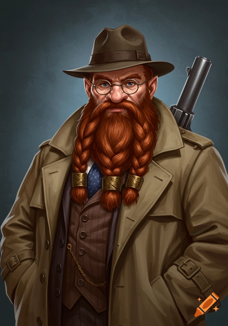 A fantasy portrait of a dwarf private investigator in a trench coat and hat, holding a rifle.