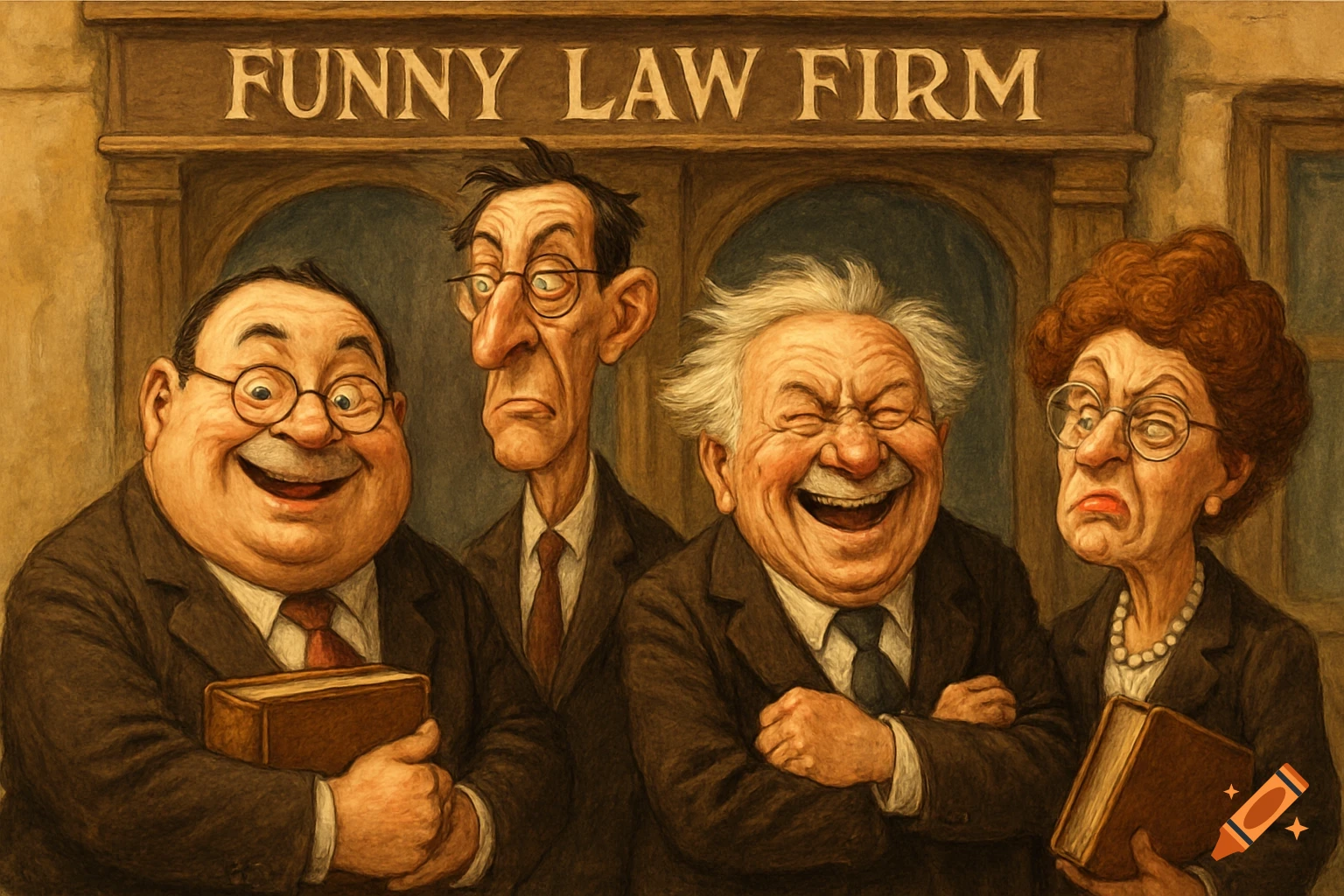 Caricature illustration of four lawyers in front of a sign that says 'Funny Law Firm'. Two are laughing, one is serious, one is annoyed.