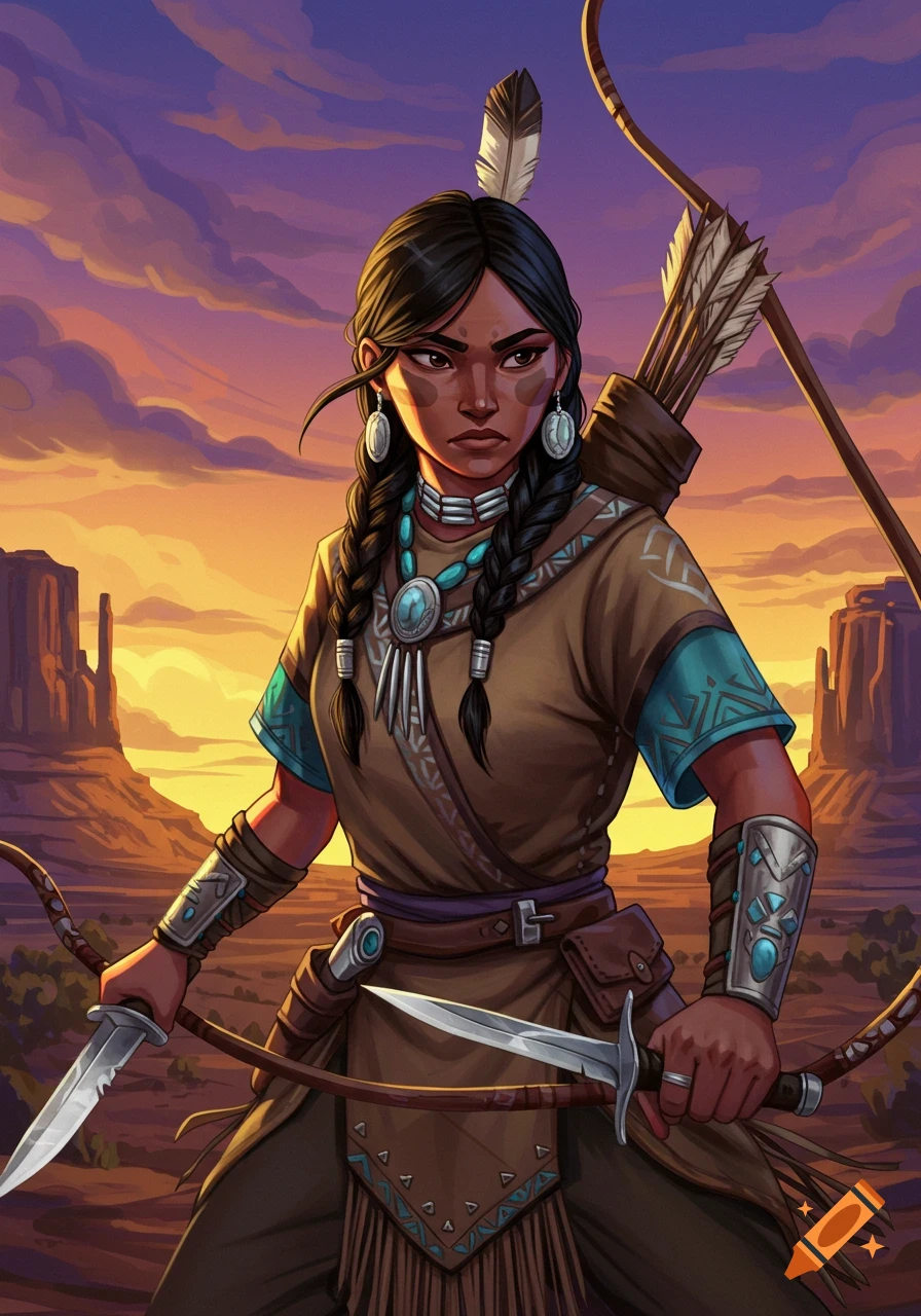 Illustrative portrait of a female Native American warrior with braids, bow, arrows, and knife in a desert landscape.