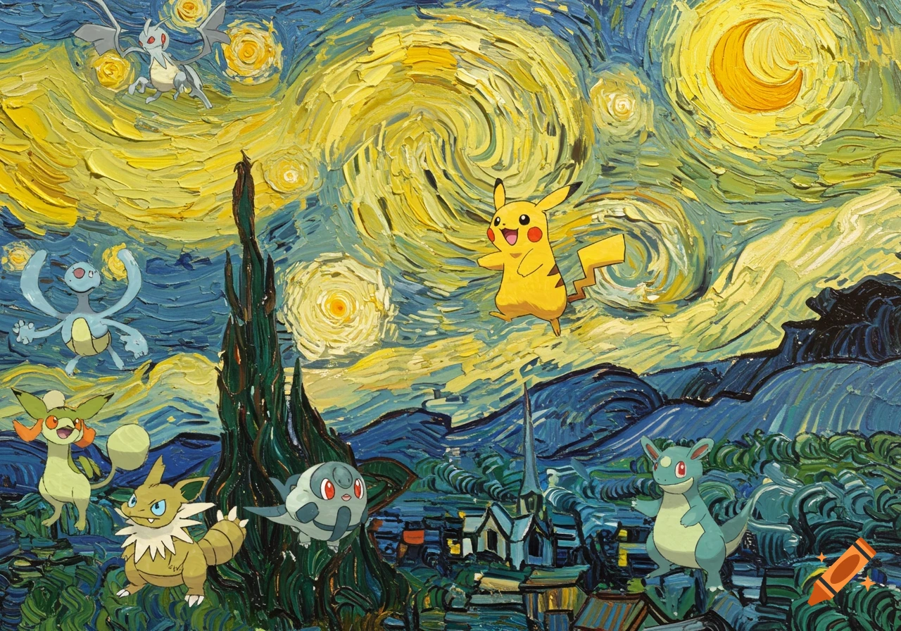 Pokemon characters in a landscape painted in the style of Van Gogh's Starry Night.