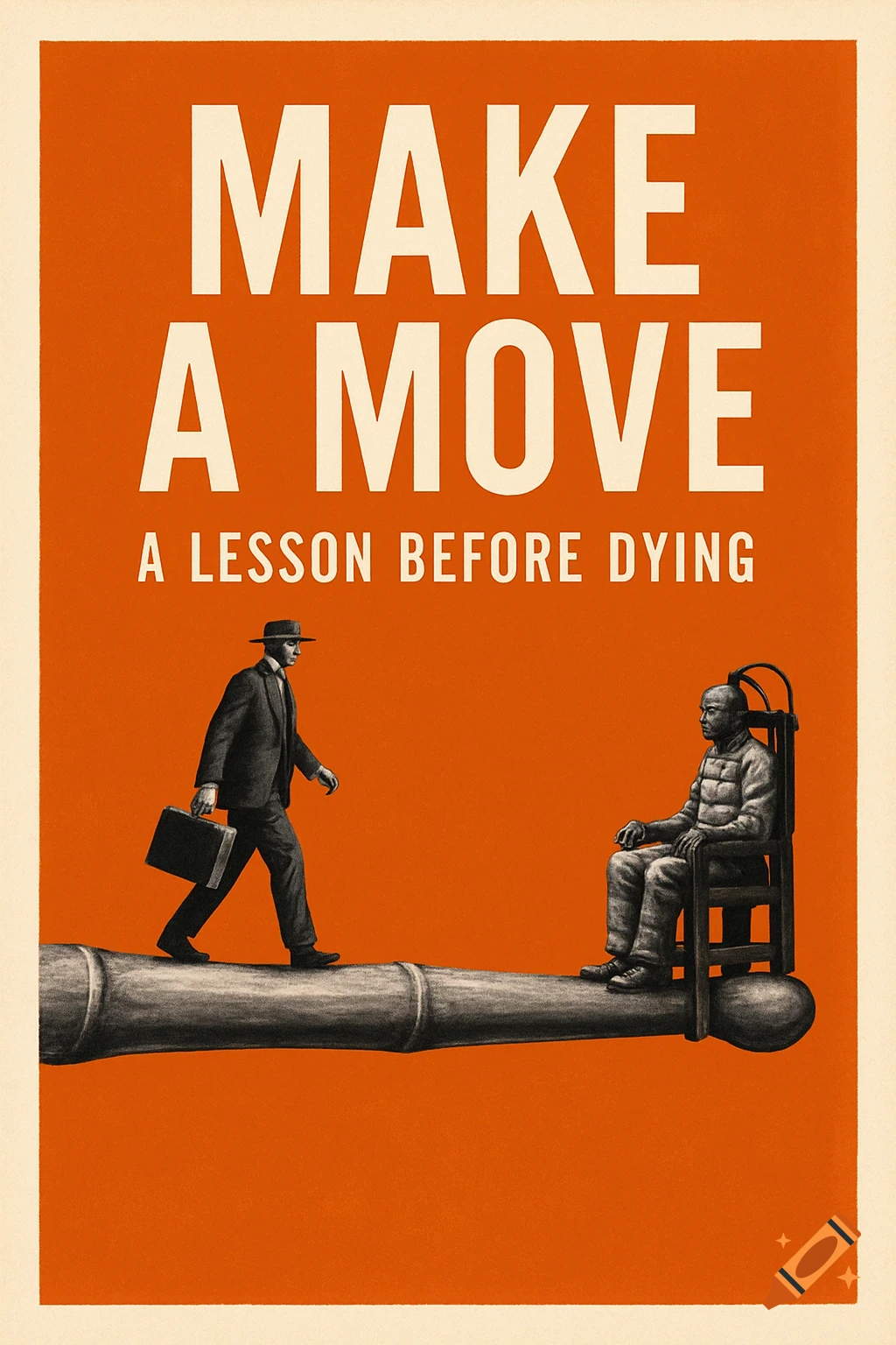 Graphic style poster with man walking on a reed towards a man in an electric chair, text 'MAKE A MOVE A LESSON BEFORE DYING' on orange background.