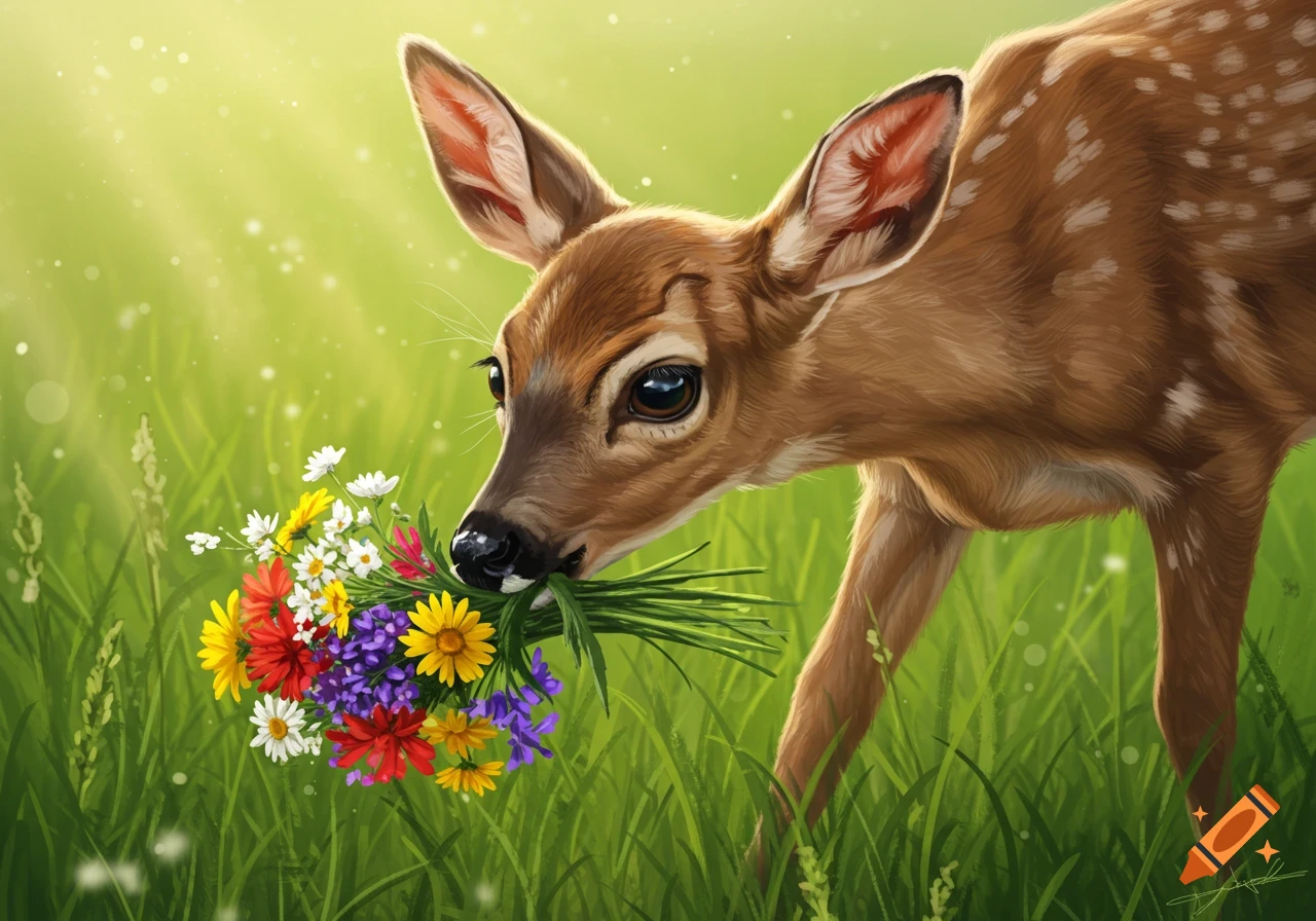 A young deer eats a bouquet of colorful flowers and grass in a sunny meadow.