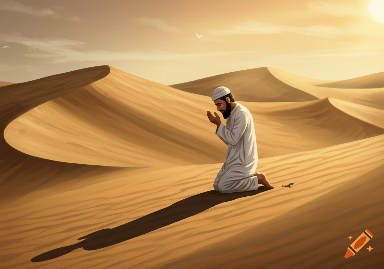 A Muslim man kneels and prays in a vast desert landscape at sunset.