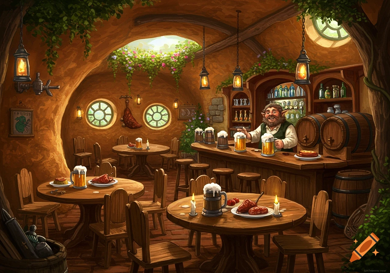 Illustration of a fantasy tavern with a hobbit behind the bar serving drinks