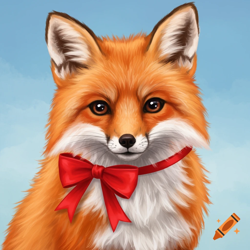 A close-up digital painting of a fox wearing a red bow.