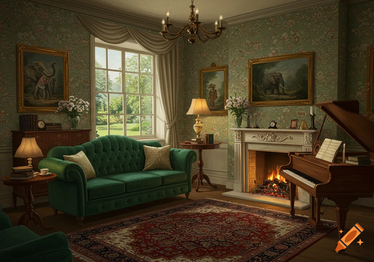A classical room interior with a green sofa, piano, fireplace, and large window overlooking a garden.