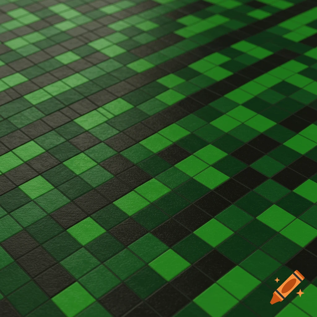 Close-up of black and green pixel art tile flooring