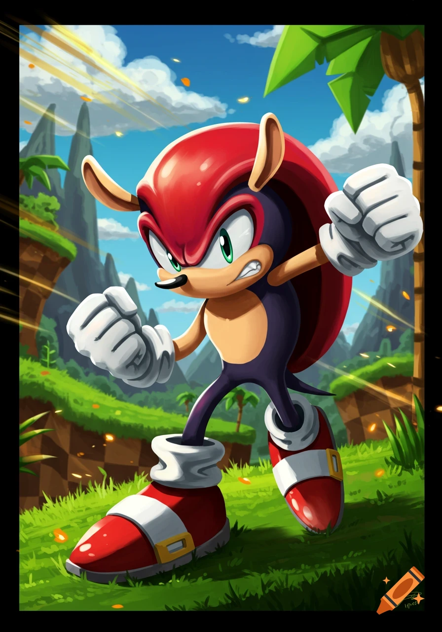 Mighty the Armadillo stands in a dynamic battle pose in a grassy, hilly environment reminiscent of Sonic levels.
