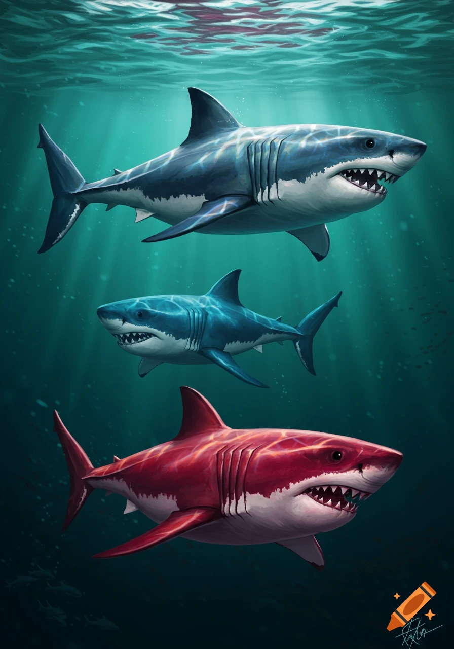 Three colorful sharks (grey, blue, red) swim underwater with light rays filtering from the surface.