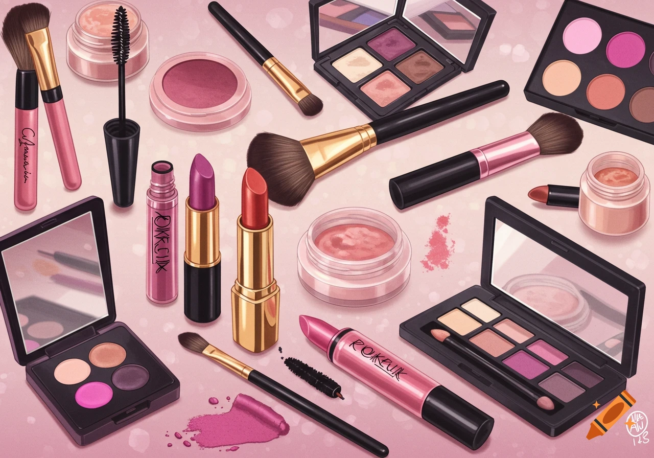 Illustration of makeup products including brushes, palettes, and lipsticks.