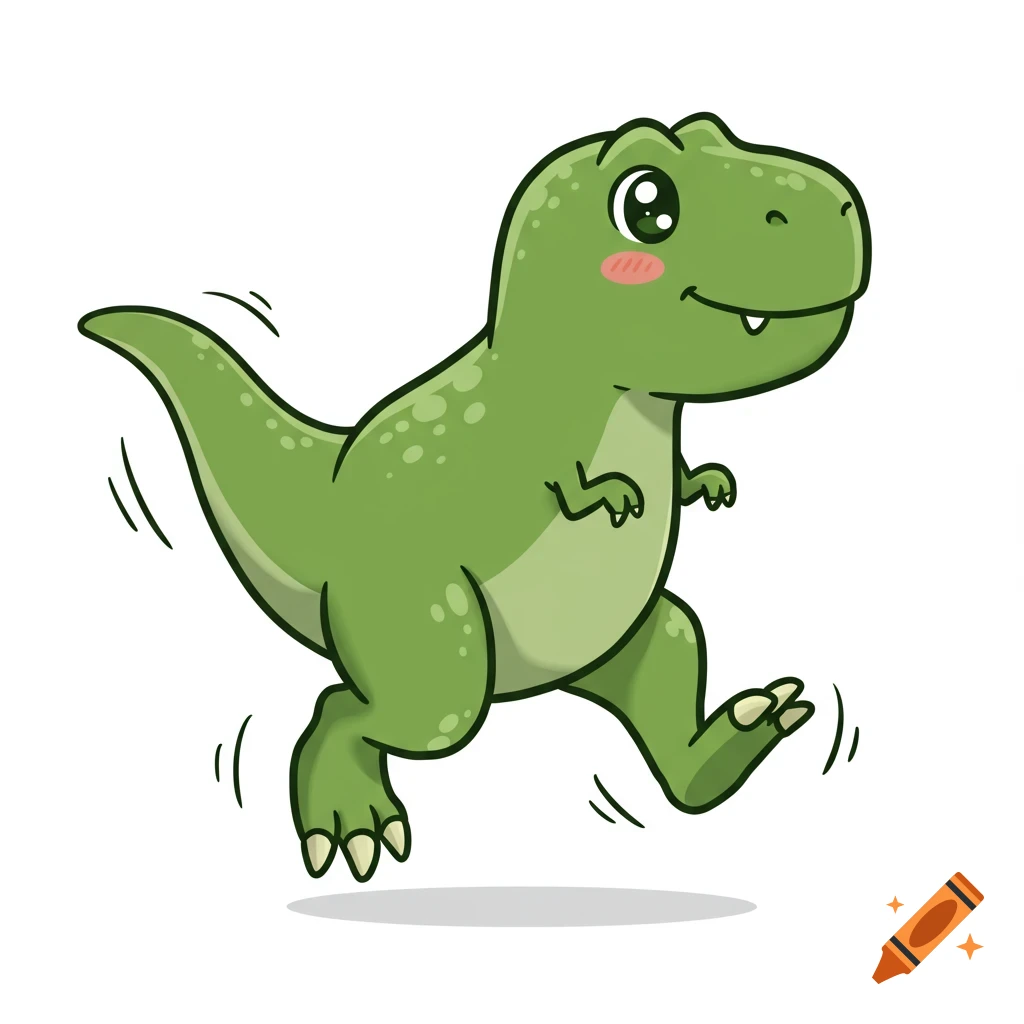 A cute green cartoon T-Rex hops.