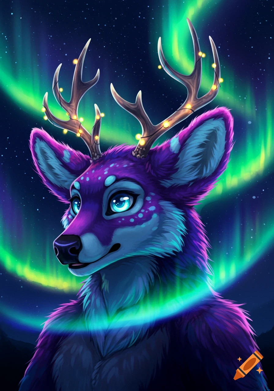 An illustrative portrait of a purple and blue furry deer with illuminated antlers standing under a vibrant green and blue aurora borealis.
