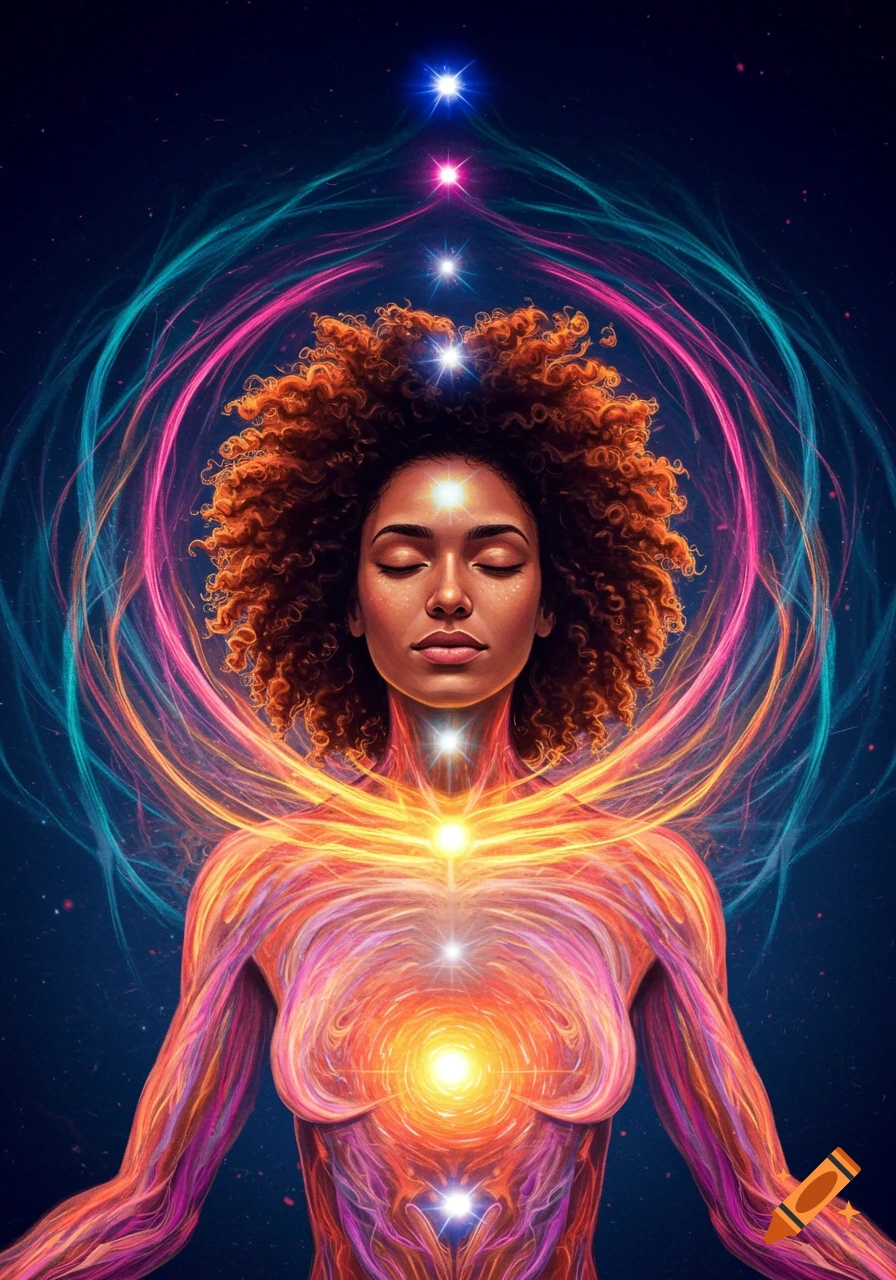 A person meditating with colorful energy trails and light points around them.