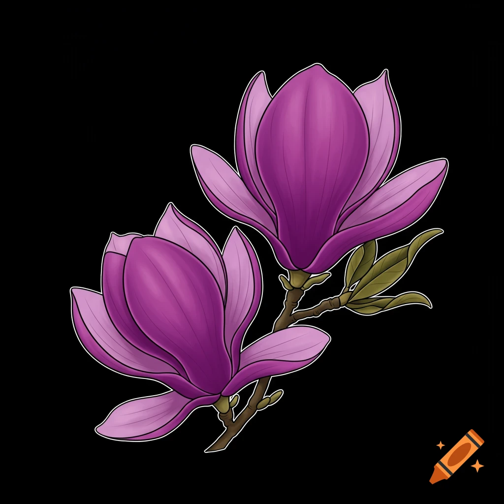 Two purple magnolias on a branch, styled like a digital illustration or tattoo design, against a black background.