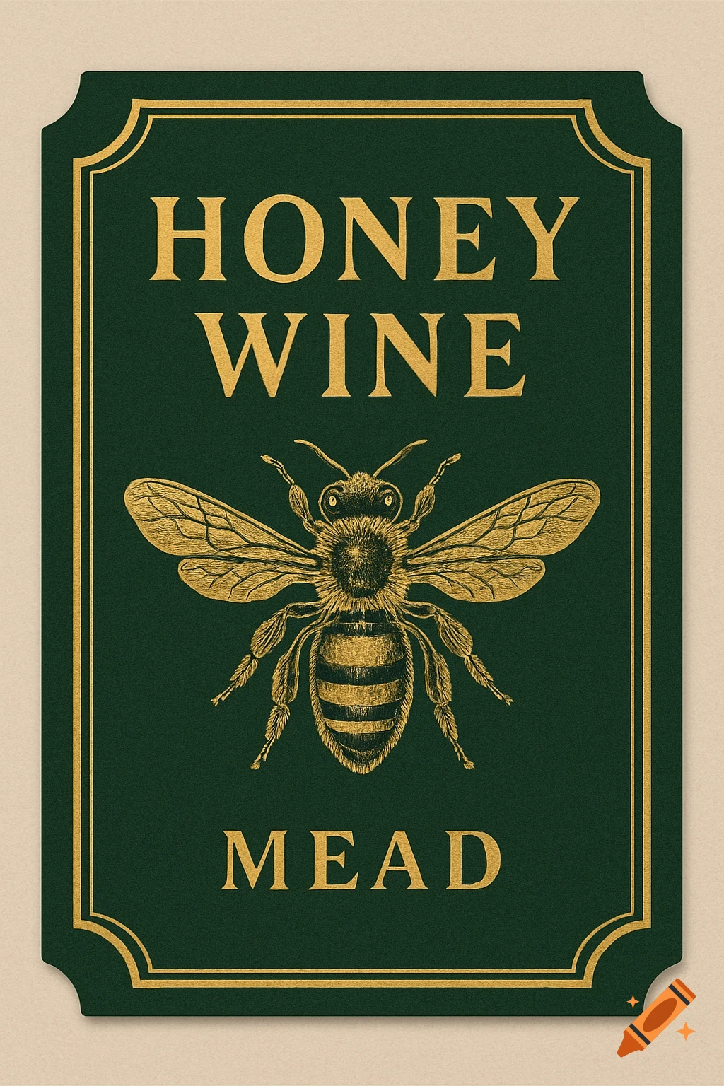 A vintage-style green label with a gold border, featuring a detailed gold illustration of a bee and gold text reading "HONEY WINE MEAD".