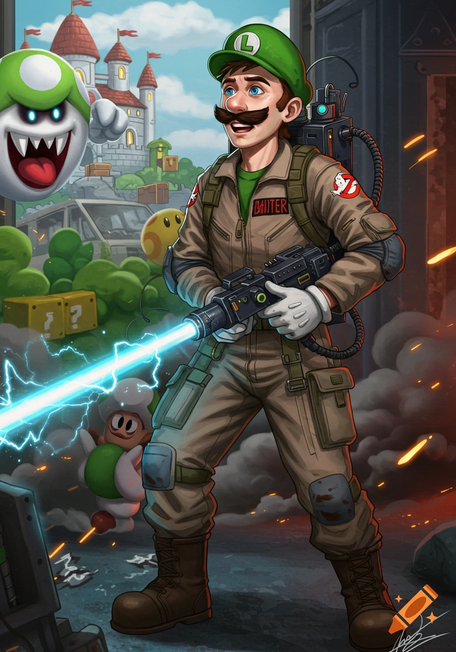 Luigi from Super Mario Bros. dressed as a Ghostbuster aims a proton pack at a Boo ghost.