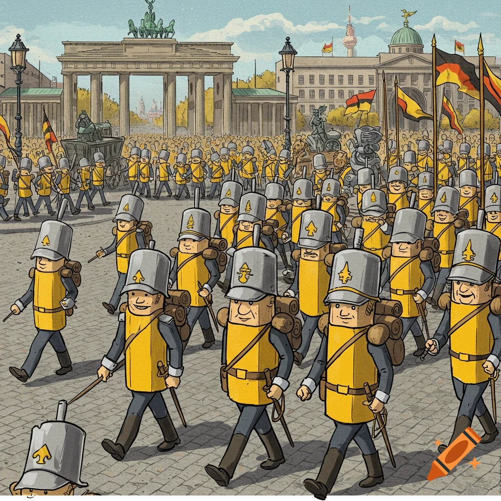 Cartoon pencils marching in a parade in front of the Brandenburg Gate, Berlin.