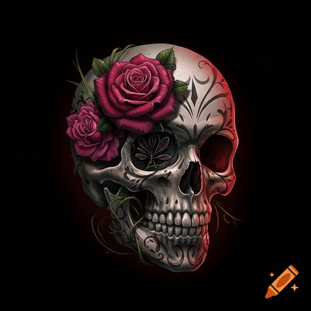 Stylized skull decorated with red roses and green vines in a tattoo art style on a black background.