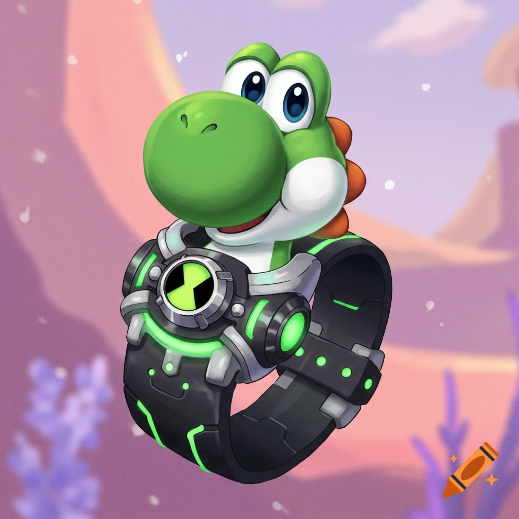 Cartoon character Yoshi wearing the Ben 10 Omnitrix watch.
