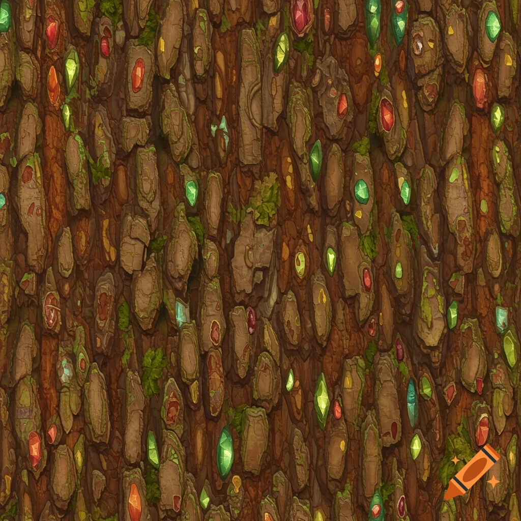 Detailed tiled texture of brown bark embedded with colorful gems.