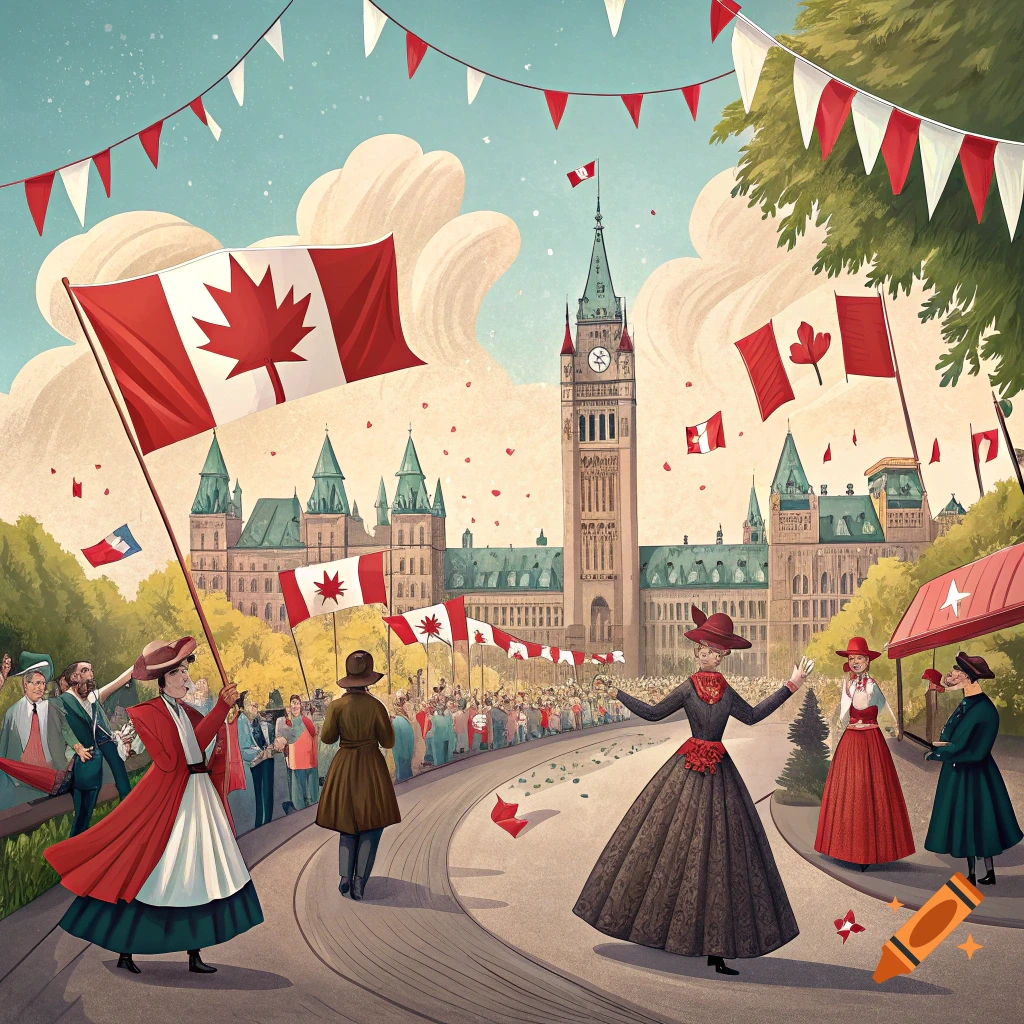 Illustrative scene of a crowd with Canadian flags celebrating in front of Parliament Hill, with people in historical clothing.