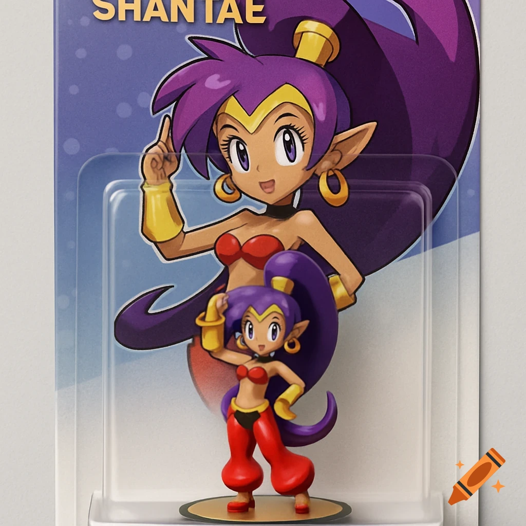 Shantae amiibo figure in packaging with cartoon artwork behind it.
