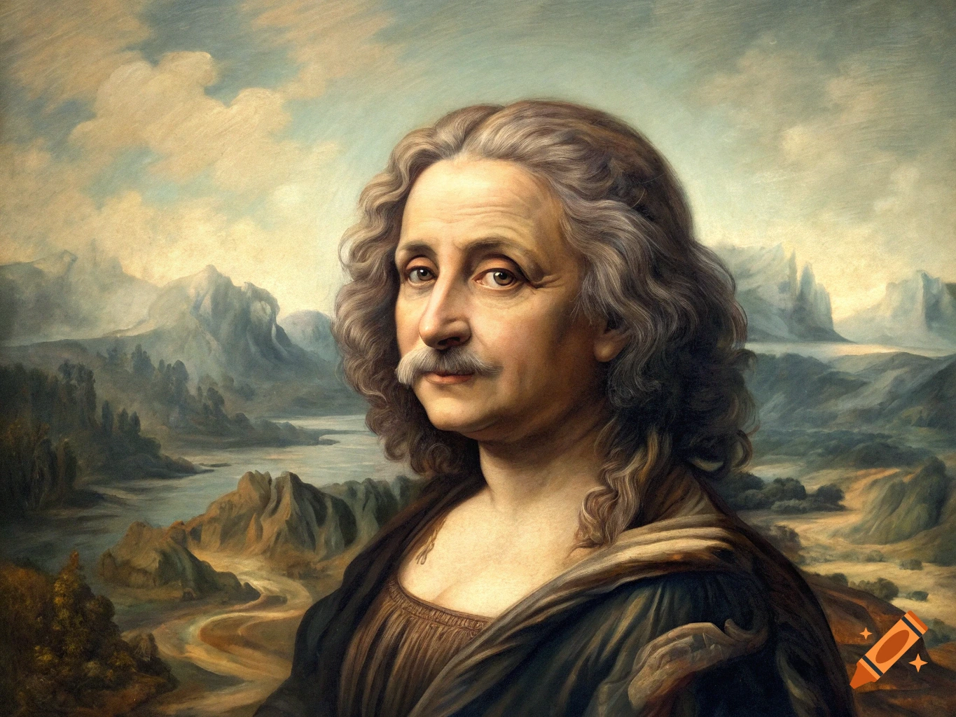 Painting portrait in the style of Mona Lisa, featuring a person with Albert Einstein's face against a landscape.
