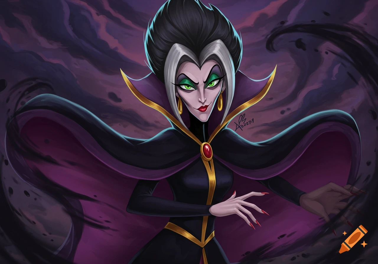 Stylized illustration of a female villain with black and white hair, red lips, green eyes, and a dramatic purple cape.