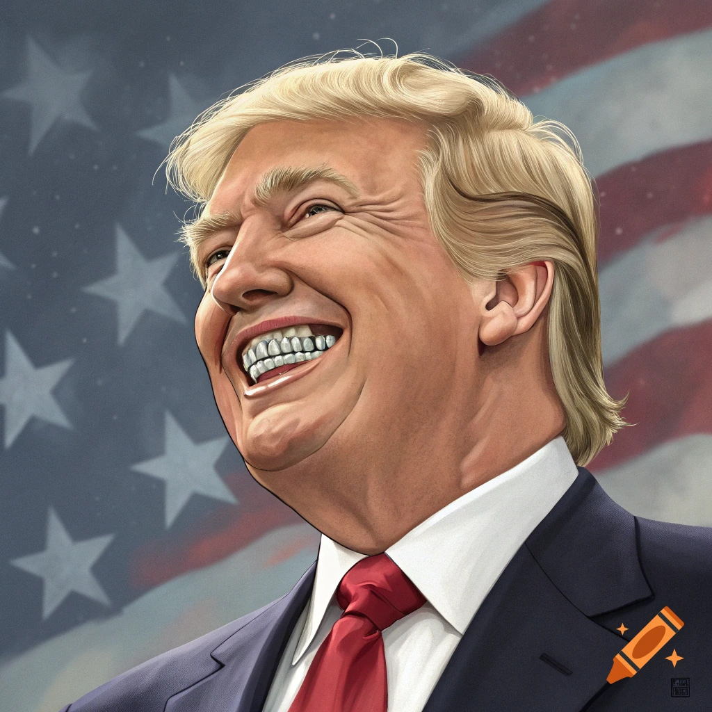 Illustration of Donald Trump smiling broadly, showing diamond grill teeth against an American flag.