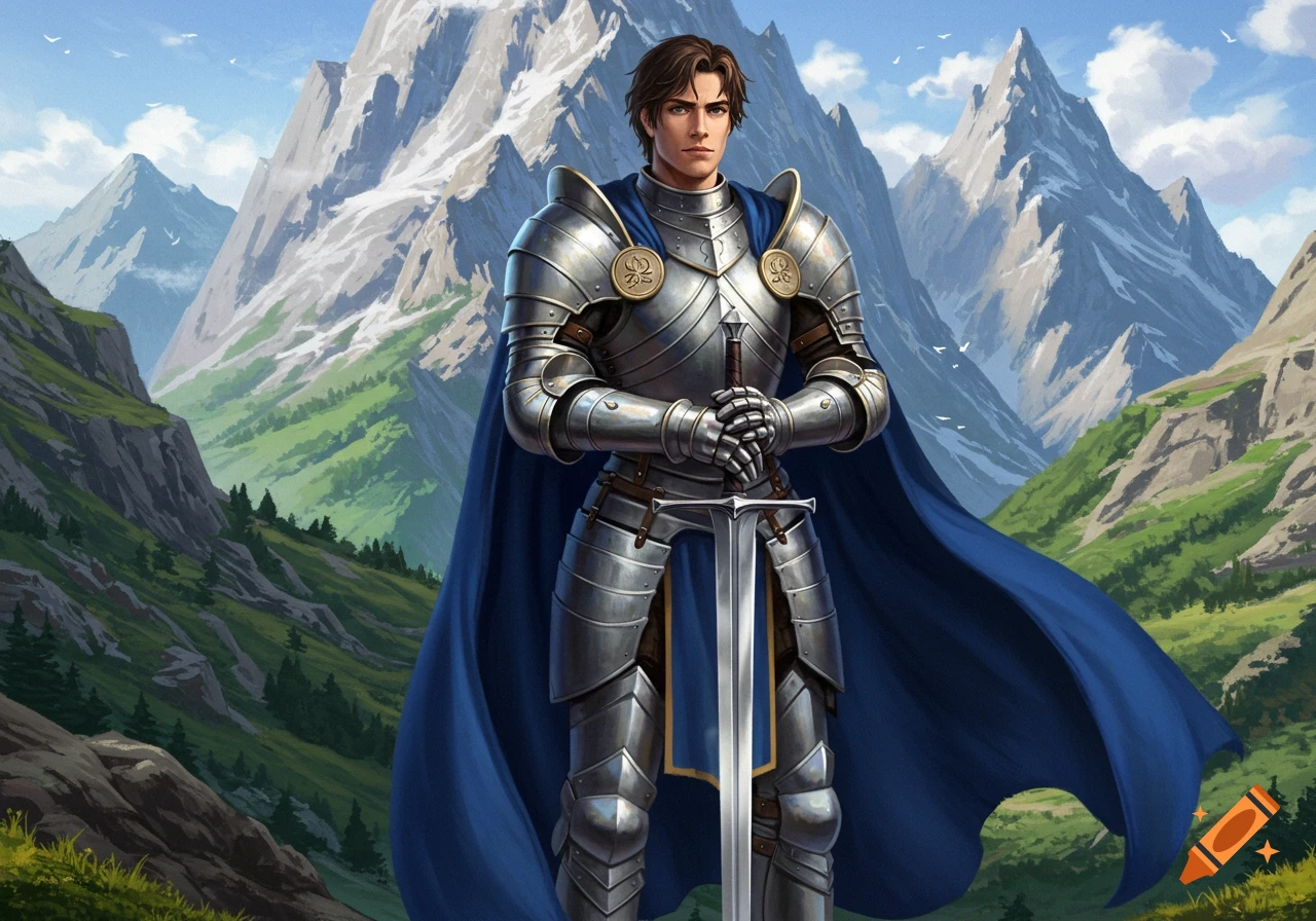 A knight in shining armor stands before majestic mountains in a digital painting.