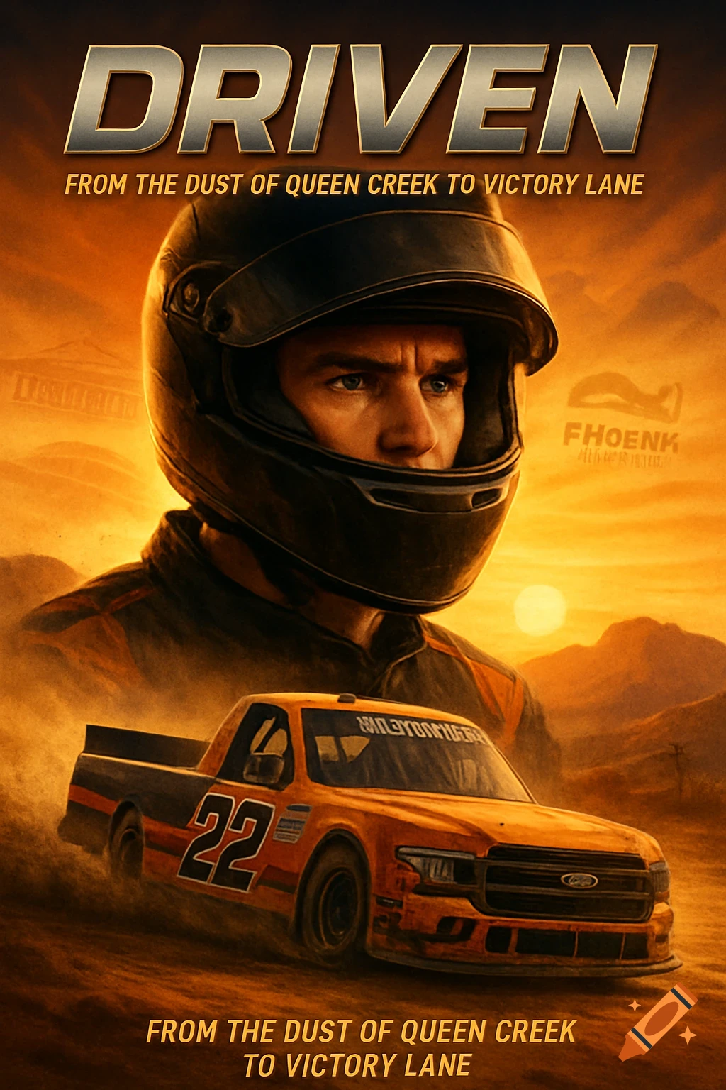Movie poster for "Driven" featuring a race car driver and an orange #22 race truck kicking up dust at sunset.