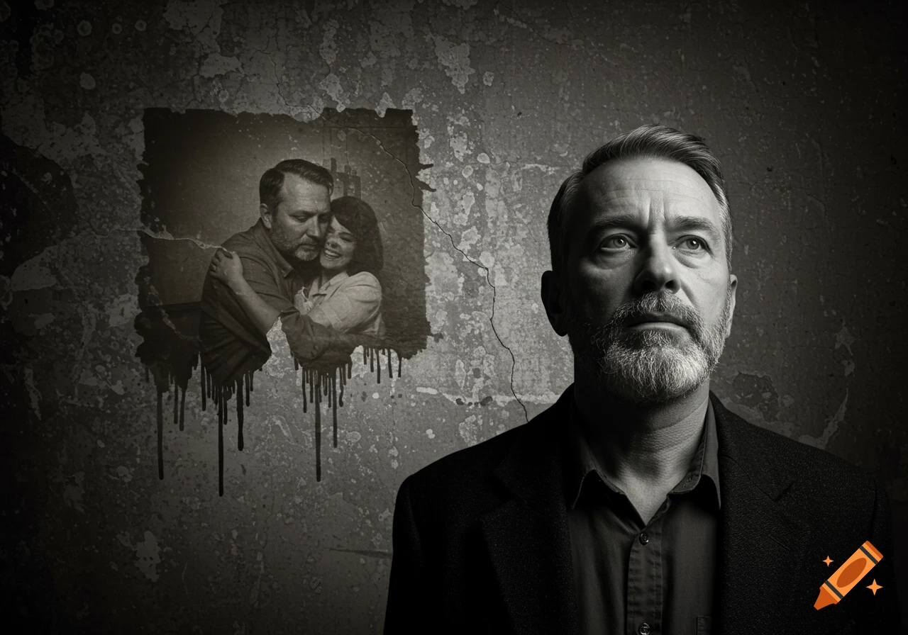Monochrome portrait of a pensive man looking up, with a dripping photo of a couple behind him.