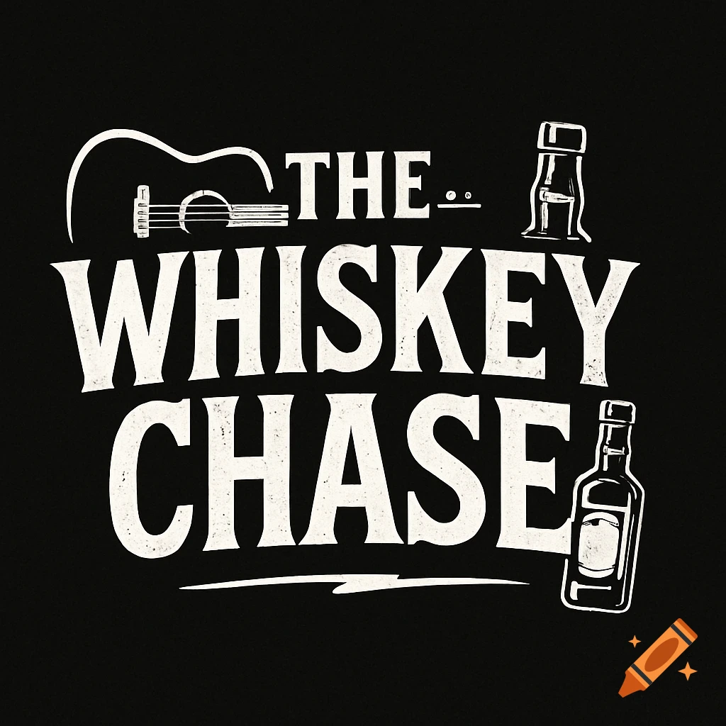 Logo for The Whiskey Chase band featuring a guitar and whiskey bottles in distressed white text on a black background.