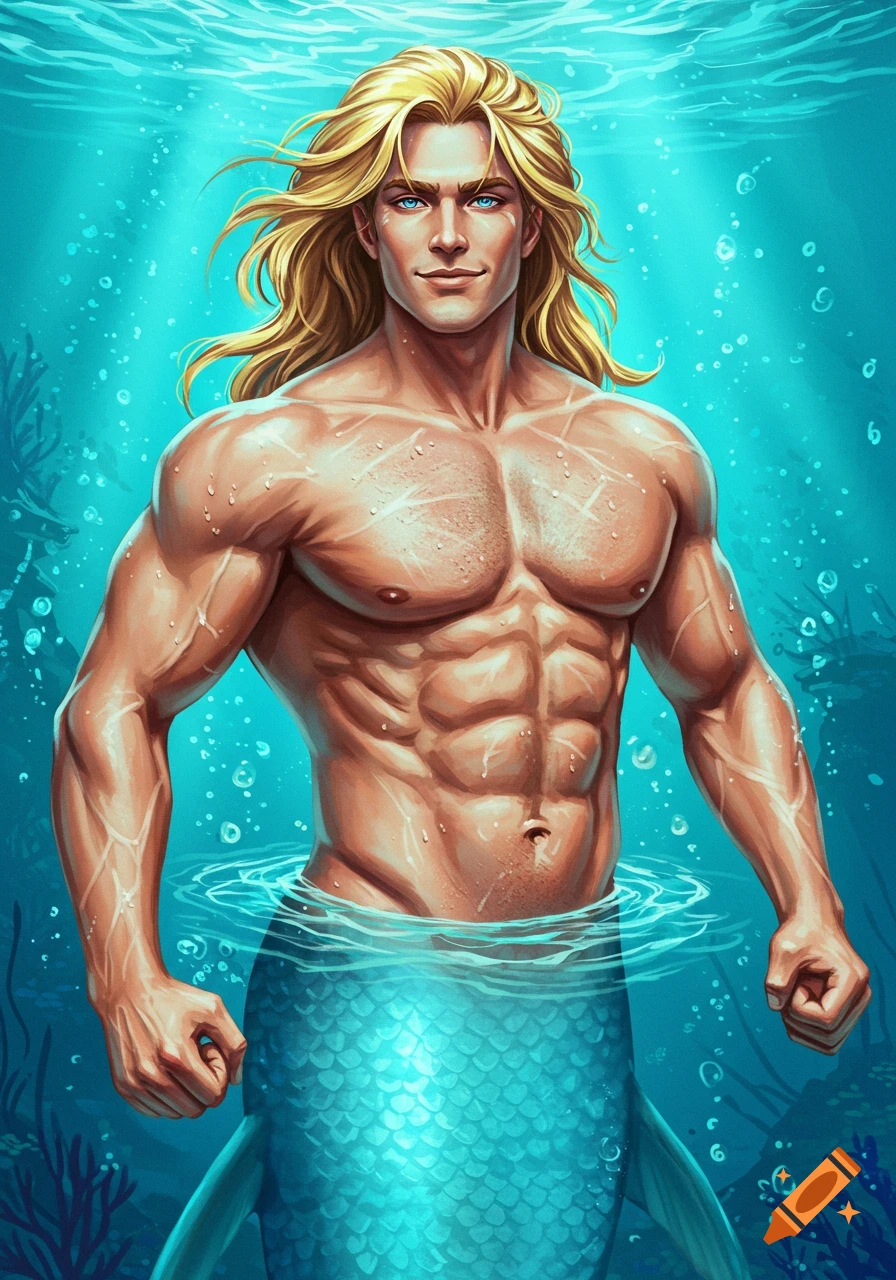 A muscular blond merman with blue eyes swims underwater.