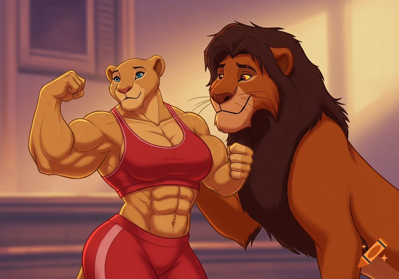 Muscular lioness in workout gear flexes arm beside male lion in Disney animation style.