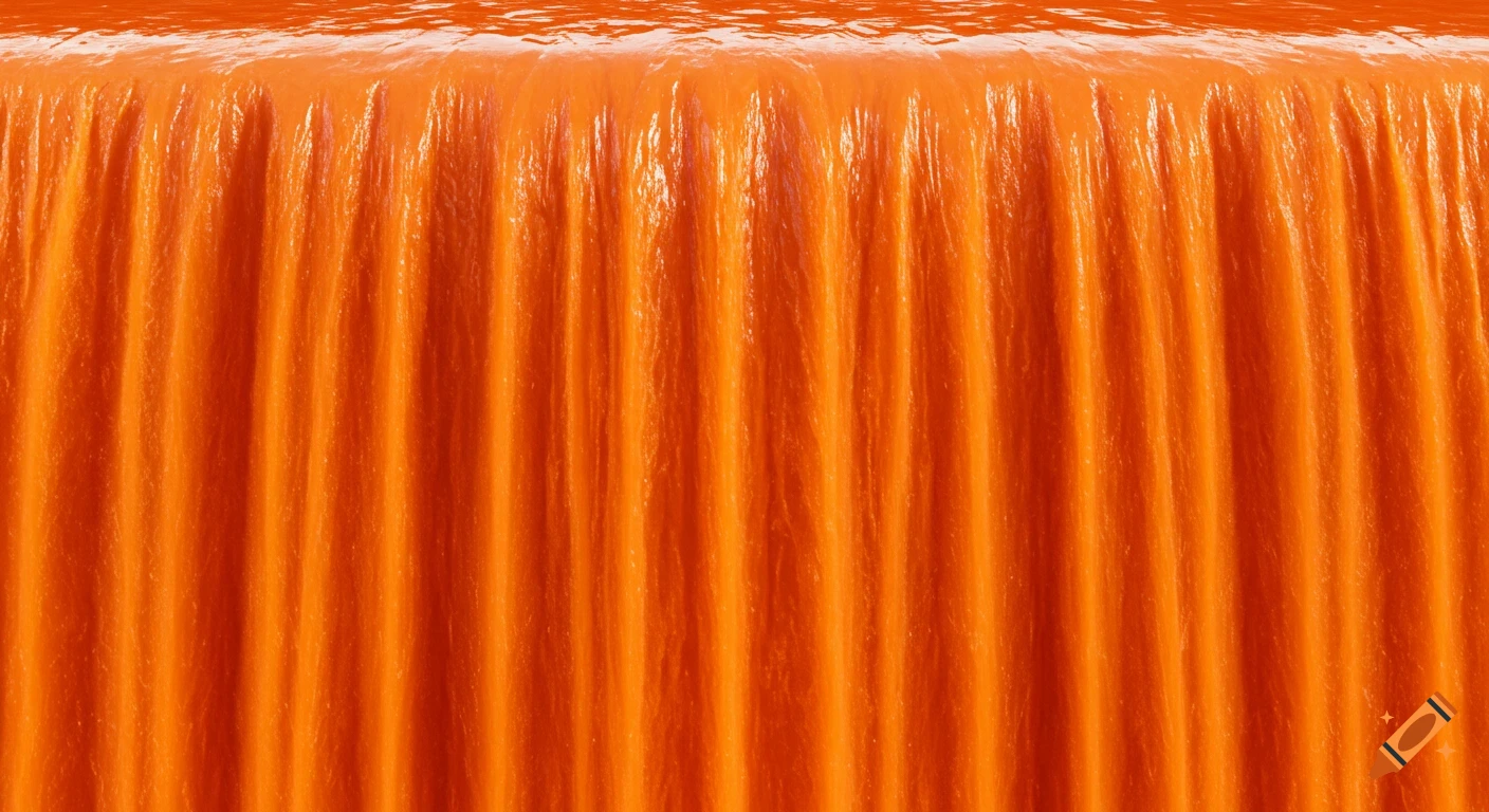 Close-up, front view of a realistic waterfall of viscous orange liquid.